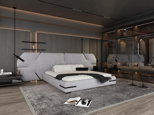 Lit moderne gris avec tête de lit élégante et design pour chambre à coucher