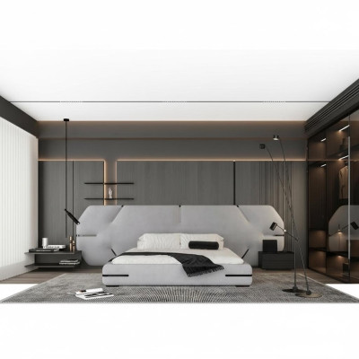 Lit moderne gris avec tête de lit élégante et design pour chambre à coucher