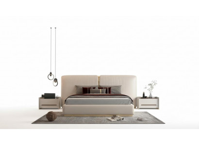 Lit de luxe beige avec des détails dorés, design moderne, tête de lit pour la chambre