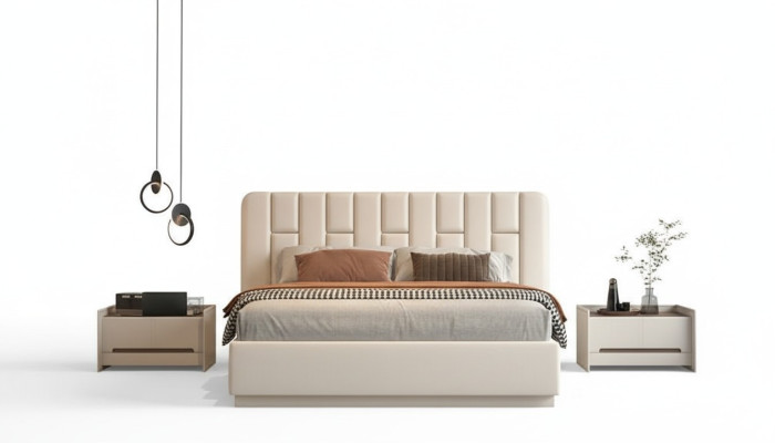 Lit beige luxueux avec tête de lit rembourrée moderne pour la chambre