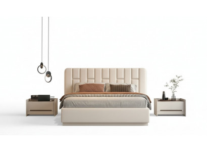 Lit beige luxueux avec tête de lit rembourrée moderne pour la chambre