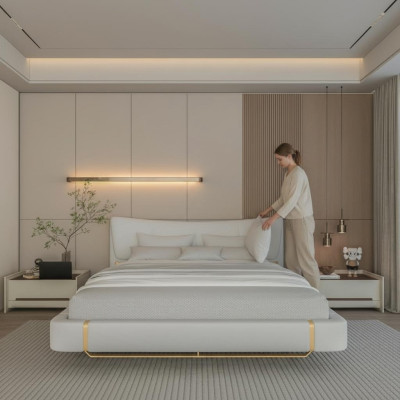 Lit gris luxueux avec des détails dorés, design moderne et tête de lit confortable