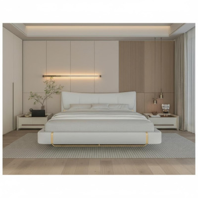 Lit gris luxueux avec des détails dorés, design moderne et tête de lit confortable
