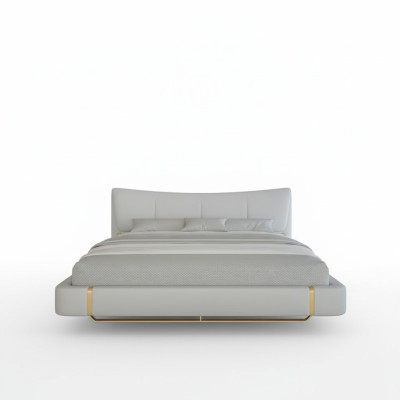Lit gris luxueux avec des détails dorés, design moderne et tête de lit confortable