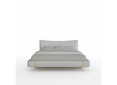 Lit gris luxueux avec des détails dorés, design moderne et tête de lit confortable