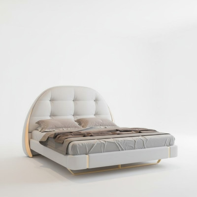 Lit gris luxueux avec des détails dorés et un design moderne à tête de lit ronde