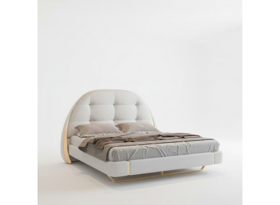 Lit gris luxueux avec des détails dorés et un design moderne à tête de lit ronde