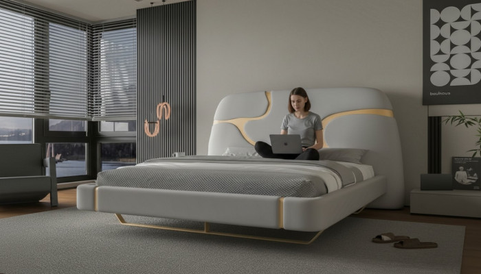 Lit luxueux avec des détails dorés Design moderne Tête de lit rembourrée Chambre à coucher