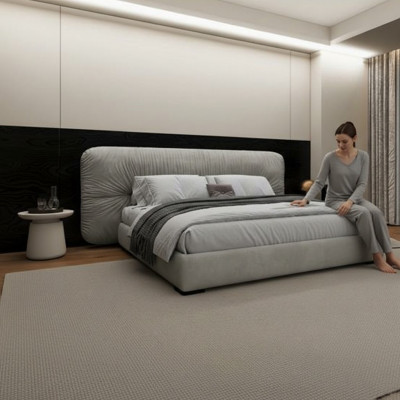 Lit gris luxueux avec tête de lit rembourrée moderne pour la chambre