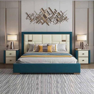 Lit bleu luxueux avec tête de lit rembourrée moderne et couleurs claires