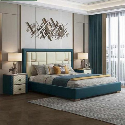 Lit bleu luxueux avec tête de lit rembourrée moderne et couleurs claires