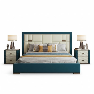 Lit bleu luxueux avec tête de lit rembourrée moderne et couleurs claires
