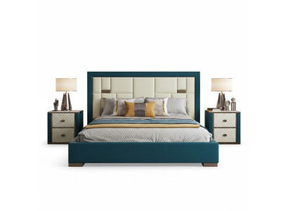 Lit bleu luxueux avec tête de lit rembourrée moderne et couleurs claires