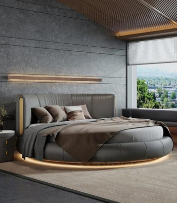 Lit rond gris-beige exclusif au design moderne pour la chambre