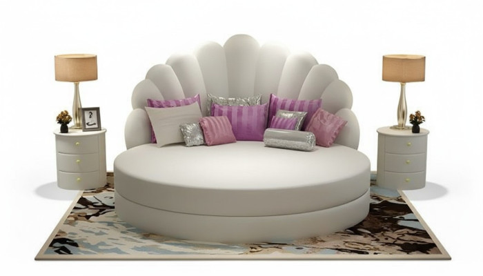 Lit rond élégant en blanc avec revêtement en tissu violet pour une chambre moderne