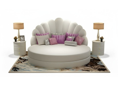 Lit rond élégant en blanc avec revêtement en tissu violet pour une chambre moderne