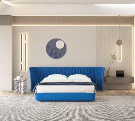 Lit en tissu bleu avec tête de lit rembourrée pour la chambre