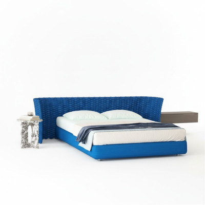 Lit en tissu bleu avec tête de lit rembourrée pour la chambre