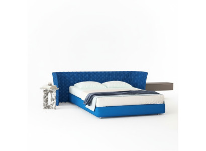 Lit en tissu bleu avec tête de lit rembourrée pour la chambre