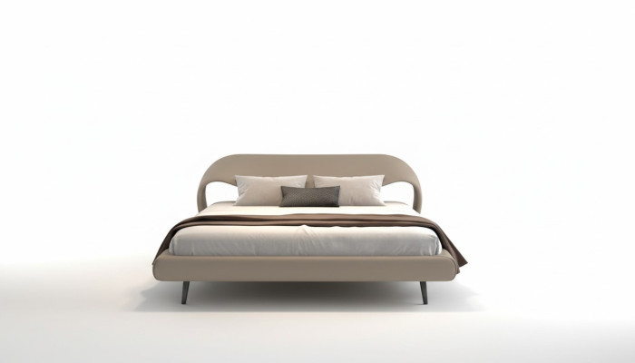 Lit gris élégant avec un design minimaliste et arrondi