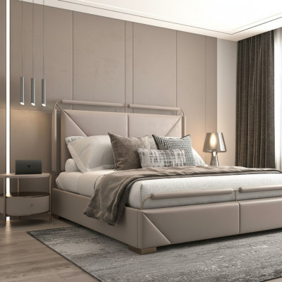 Lit luxueux au design moderne beige avec des détails dorés et une tête de lit élégante