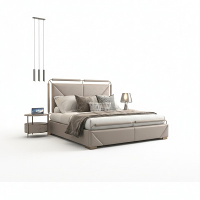 Lit luxueux au design moderne beige avec des détails dorés et une tête de lit élégante