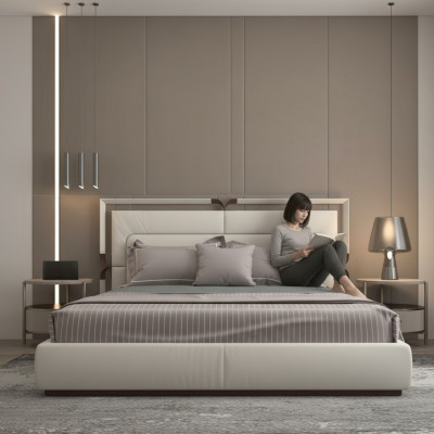 Lit de luxe moderne de couleur beige avec des détails bruns et une tête de lit élégante
