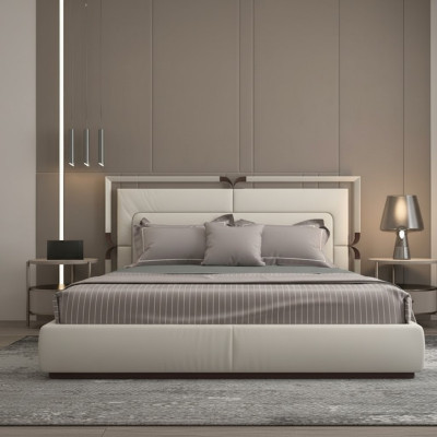 Lit de luxe moderne de couleur beige avec des détails bruns et une tête de lit élégante
