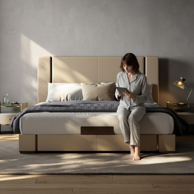Lit rembourré moderne luxueux en beige