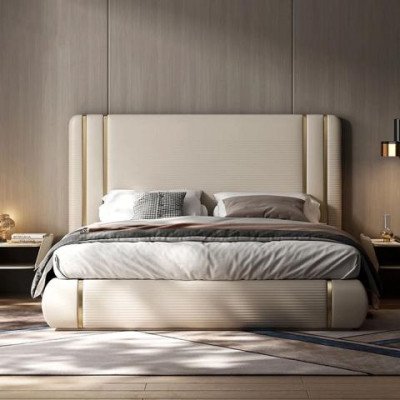 Lit beige avec un design moderne et luxueux