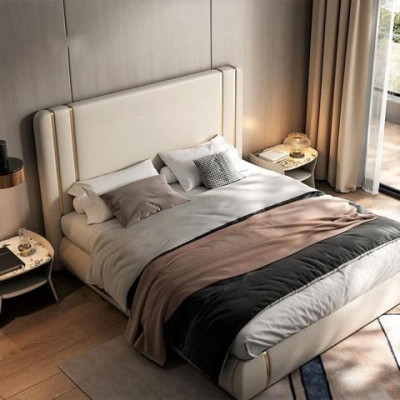 Lit beige avec un design moderne et luxueux