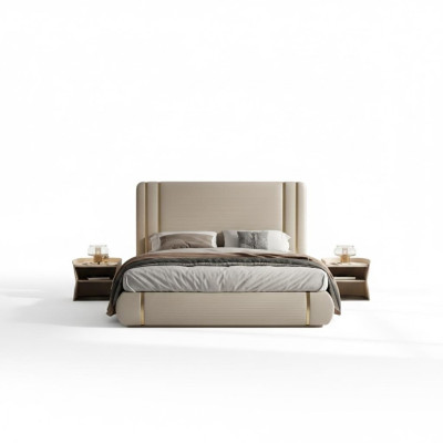 Lit beige avec un design moderne et luxueux