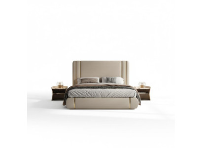 Lit beige avec un design moderne et luxueux