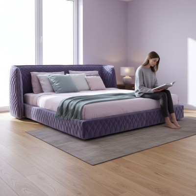 Lit en velours bleu moderne avec tête de lit élégante