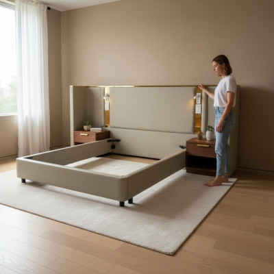Lit de designer beige luxueux avec éclairage LED, cadre doré et tête de lit moderne