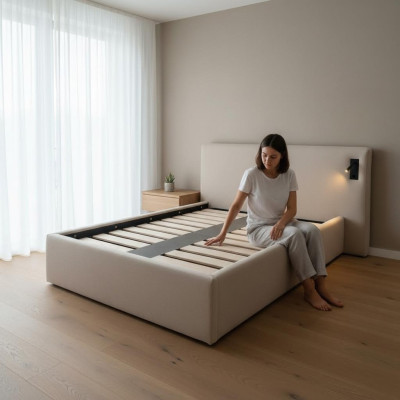 Lit beige avec un style moderne d'hôtel, éclairage LED et tête de lit luxueuse