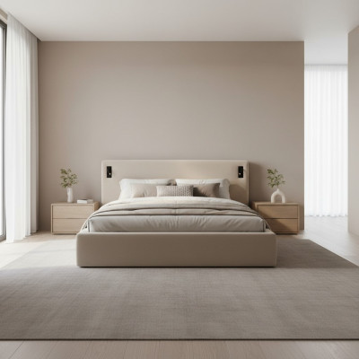Lit beige avec un style moderne d'hôtel, éclairage LED et tête de lit luxueuse