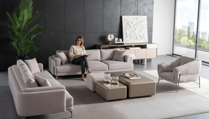 Ensemble de meubles de salon en tissu beige avec canapé moderne et fauteuil
