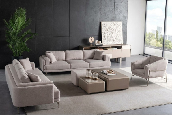 Ensemble de meubles de salon en tissu beige avec canapé moderne et fauteuil
