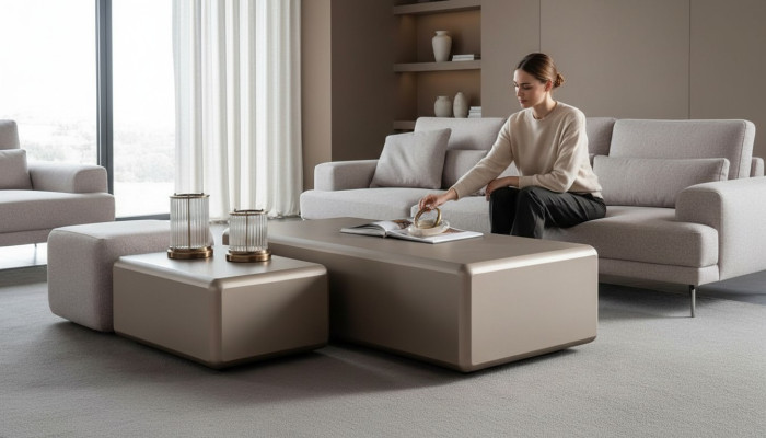 Ensemble de table basse et pouf beige moderne et universel