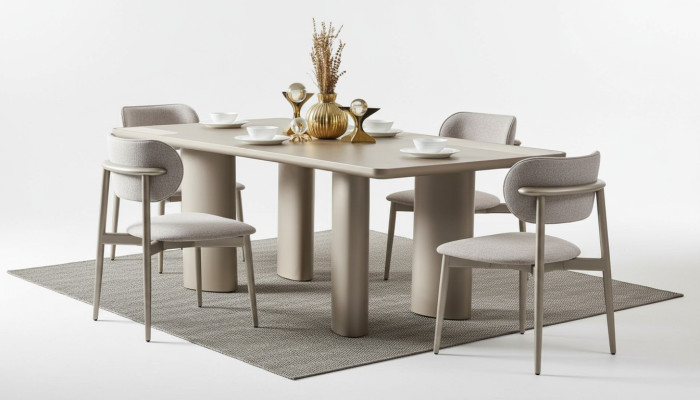 Table à manger beige élégant avec pieds en bois et 4 chaises en tissu