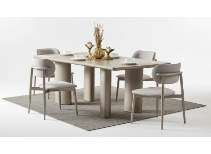 Table à manger beige élégant avec pieds en bois et 4 chaises en tissu
