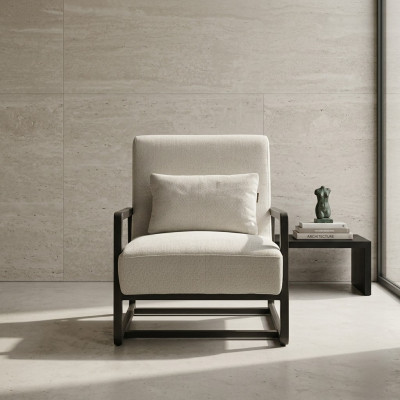 Fauteuil en tissu beige moderne avec cadre en bois