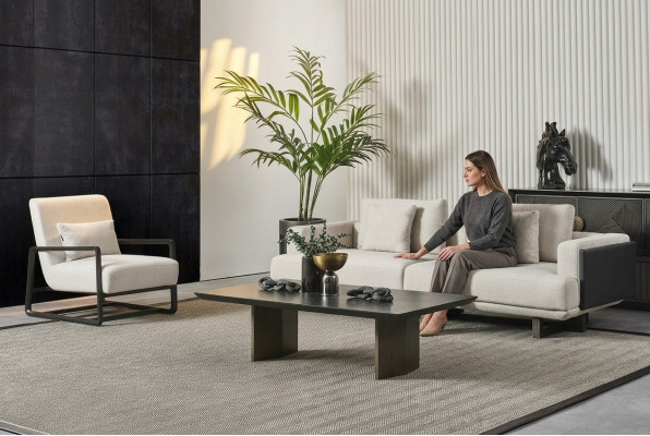 Canapé en bois élégant marron, 3 places et fauteuil
