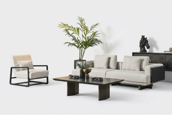 Canapé en bois élégant marron, 3 places et fauteuil