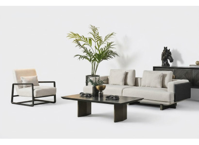 Canapé en bois élégant marron, 3 places et fauteuil
