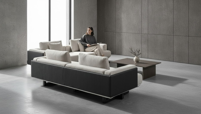 Ensemble de meubles en tissu brun avec table et canapés