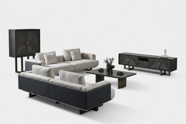 Ensemble de meubles en tissu brun avec table et canapés