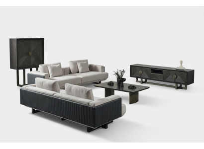 Ensemble de meubles en tissu brun avec table et canapés