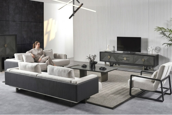 Mobilier de salon moderne en brun avec canapés et fauteuils